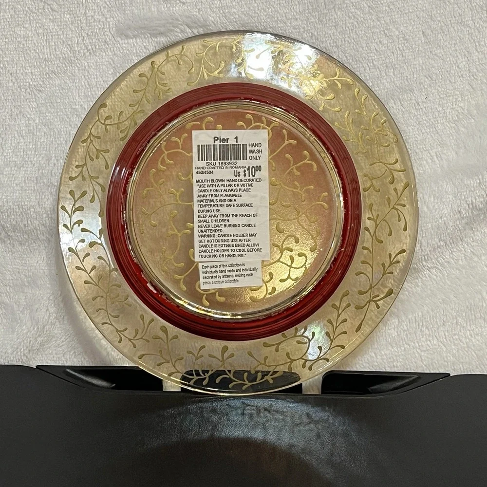 Vtg Pier 1 Rioja Red & Gold Scroll Plate Candle Dish 6
